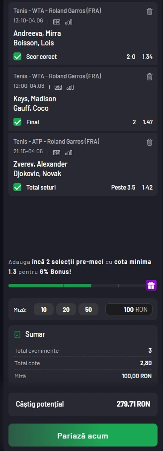 Biletul Zilei MaxBet din Tenis 04.06.2025