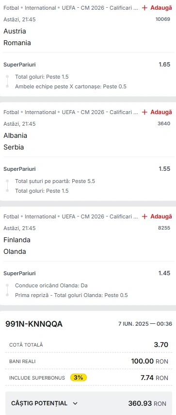 Biletul Zilei din Super Pariuri 07.06.2025