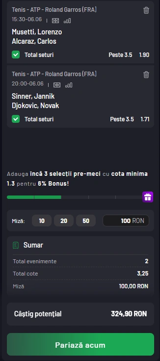 Biletul Zilei din Tenis 06.06.2025