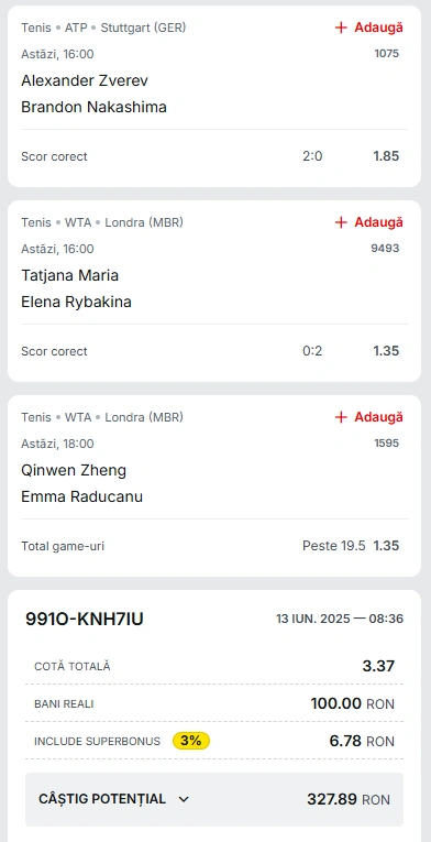 Biletul Zilei din Tenis 13.06.2025