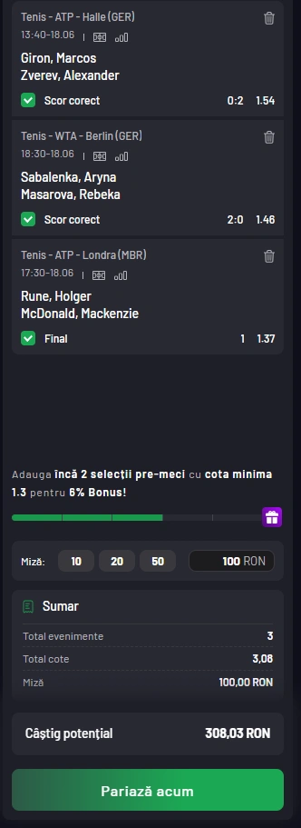 Biletul Zilei din Tenis 18.06.2025