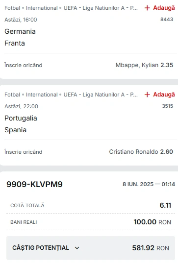 Biletul Zilei pe marcatori din Nations League 08.06.2025