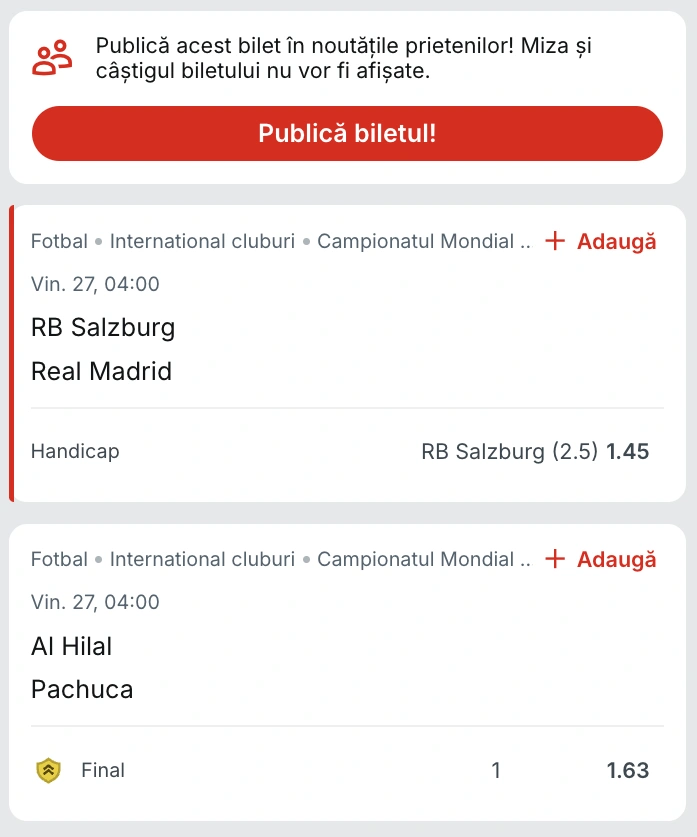 Biletul zilei azi din fotbal la Superbet, 26.06.2025