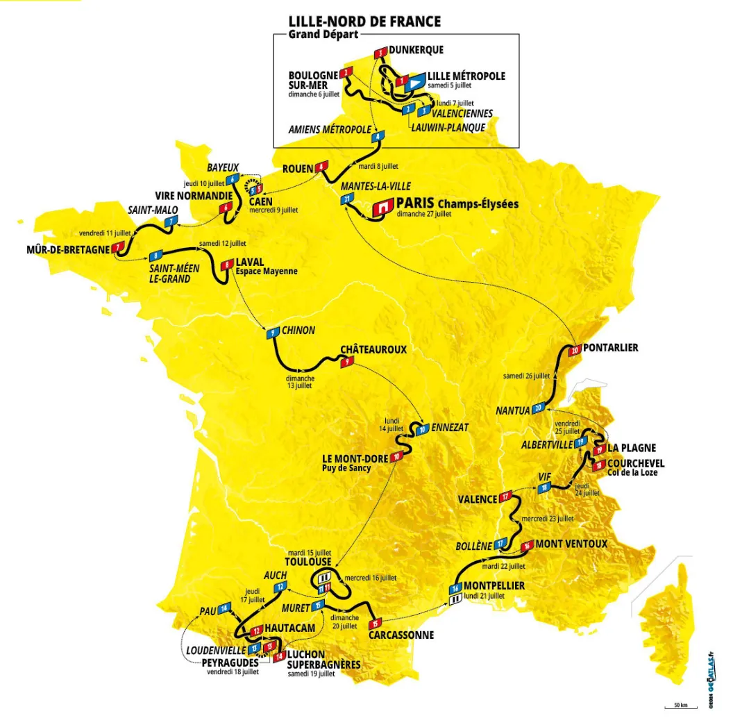 Cele 21 de etape ale Turului Franței 2025