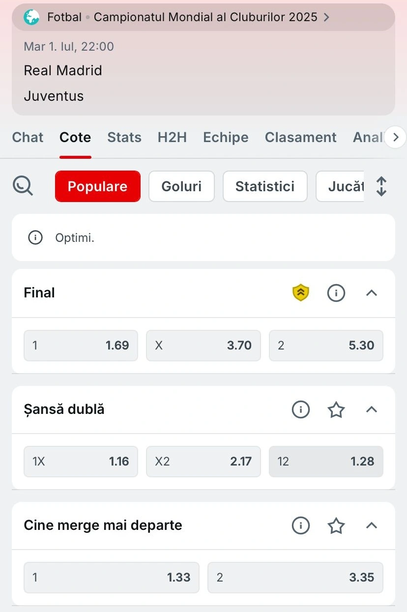 Cote Real Madrid vs Juventus la Superbet