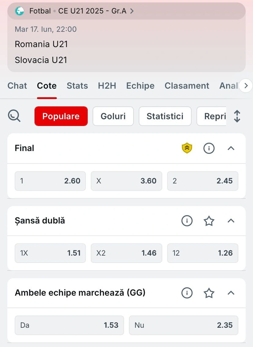 Cote Superbet pentru Romania U21 vs Slovacia U21