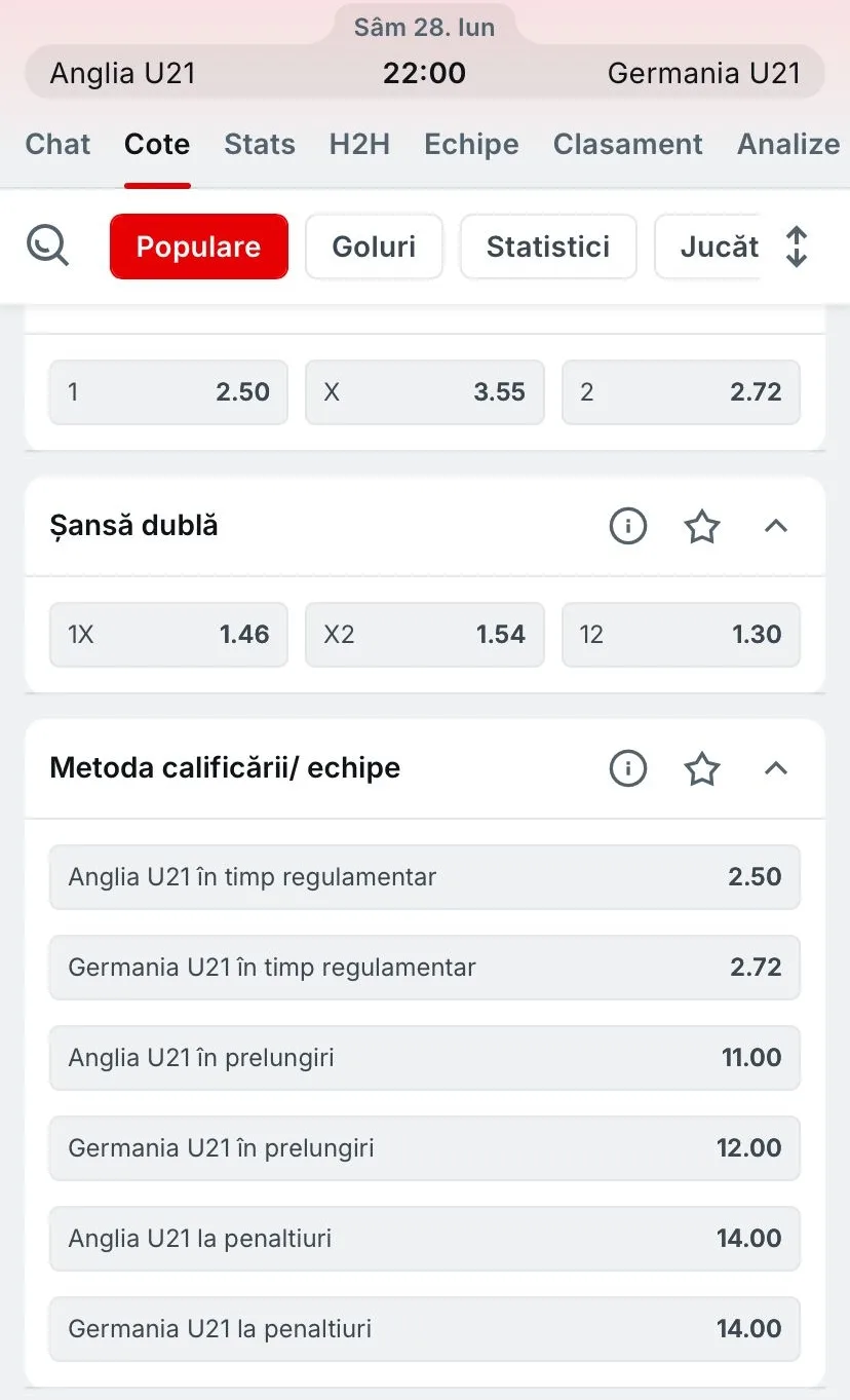 Cote pariuri Anglia U21 vs Germania U21 la Superbet