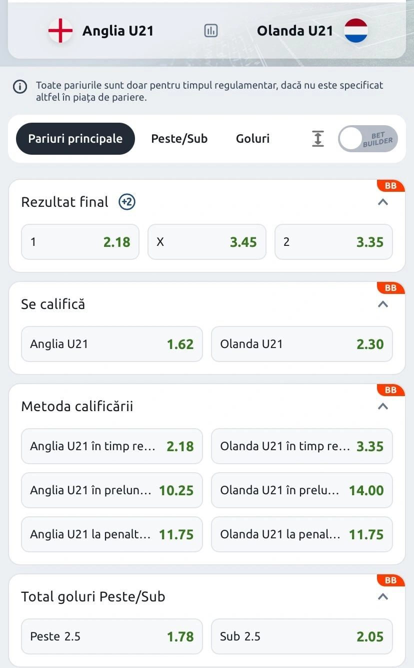 Cote pariuri Anglia U21 vs Olanda U21 la Betano