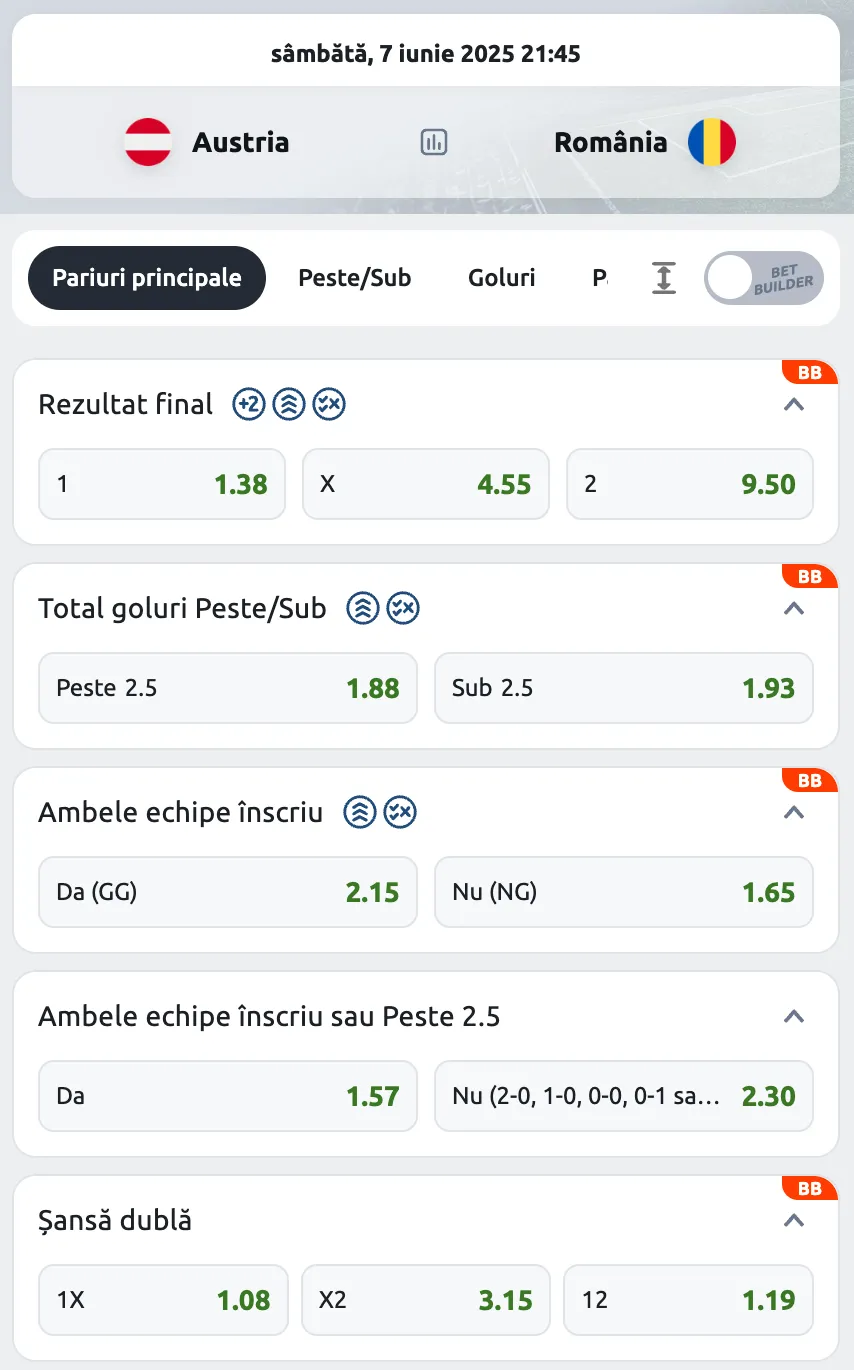 Cote pariuri Austria vs România la Betano