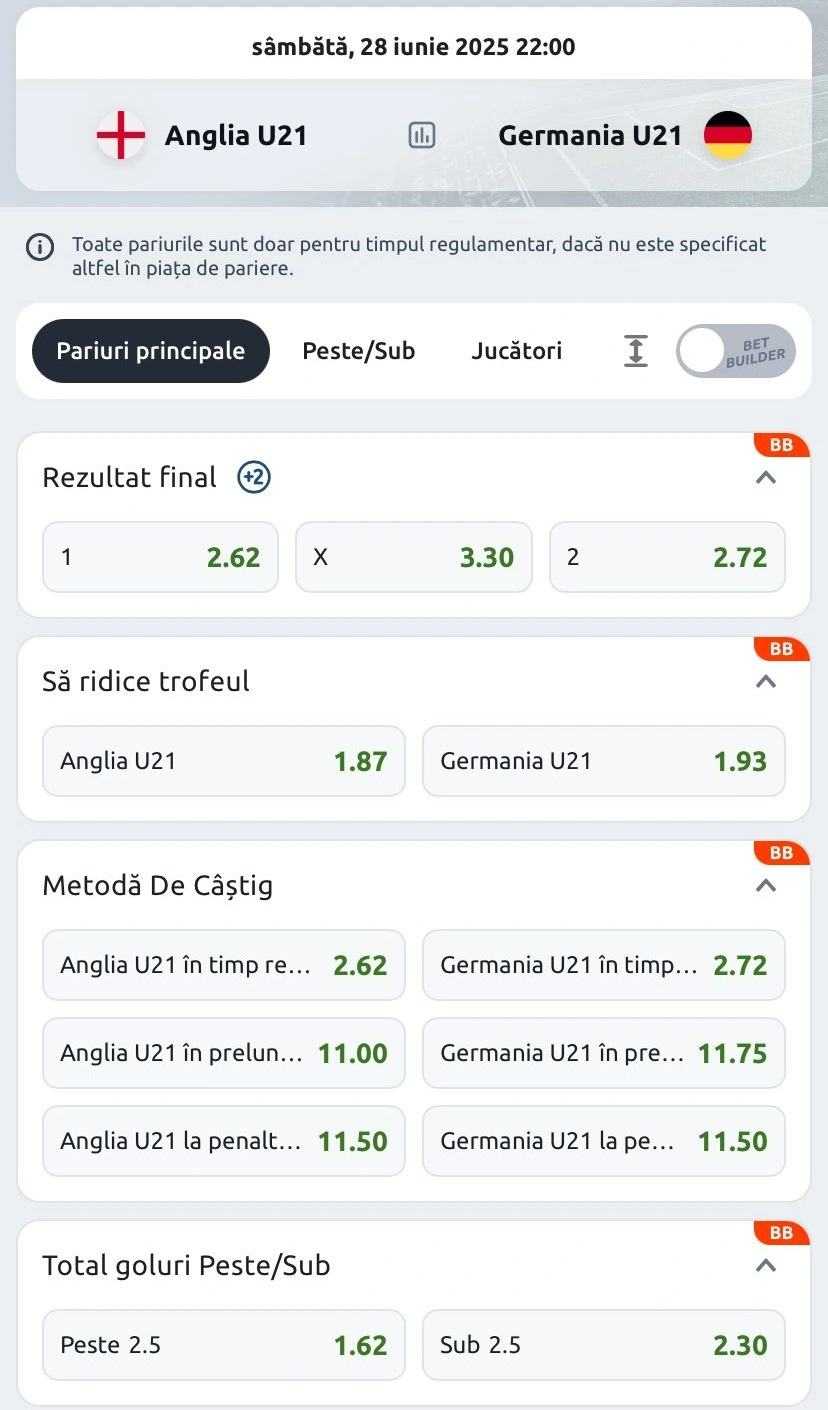 Cote pariuri Betano pentru Anglia U21 vs Germania U21
