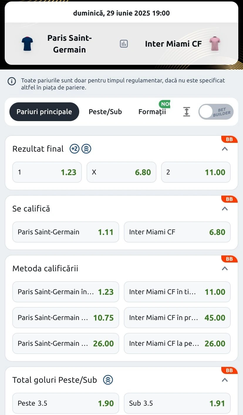 Cote pariuri PSG vs Inter Miami la Betano