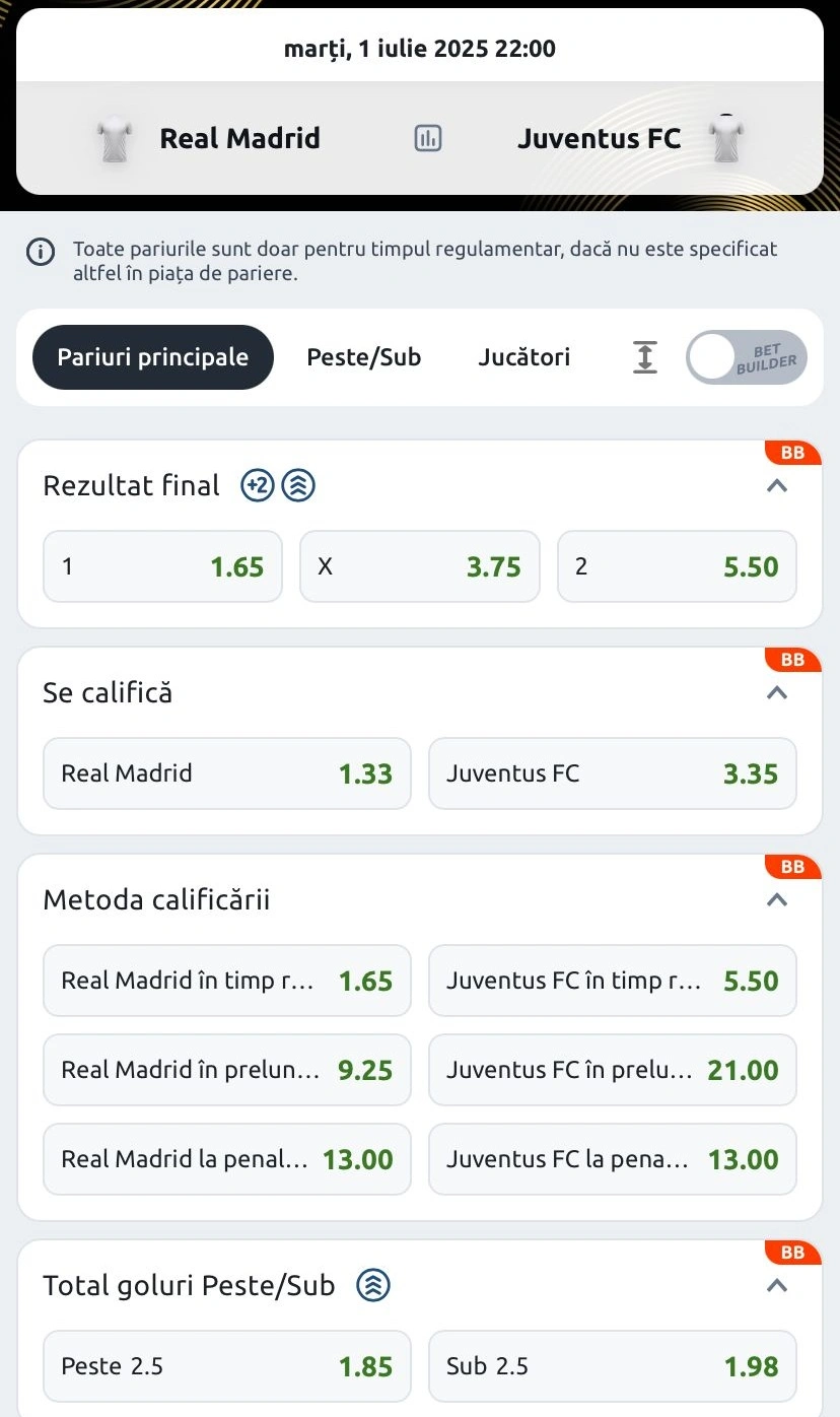 Cote pariuri Real Madrid vs Juventus la Betano