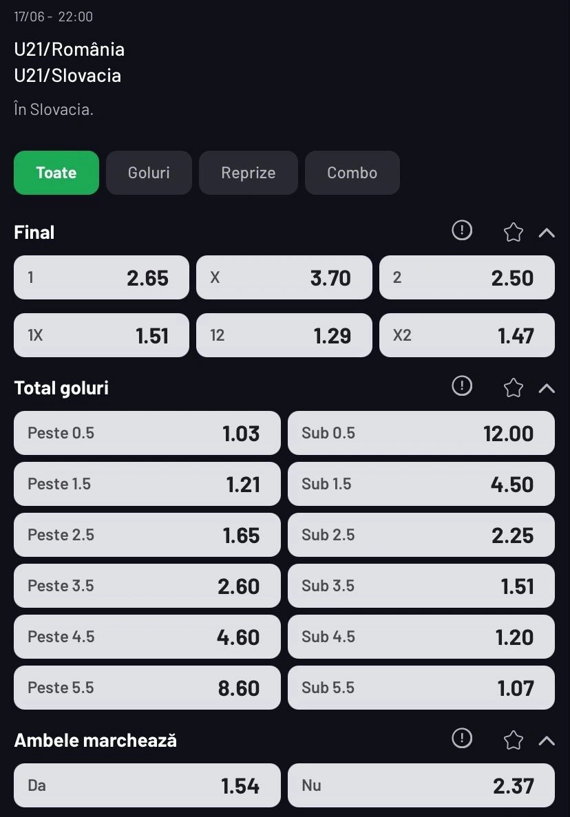 Cote pariuri Romania U21 vs Slovacia U21 la MaxBet
