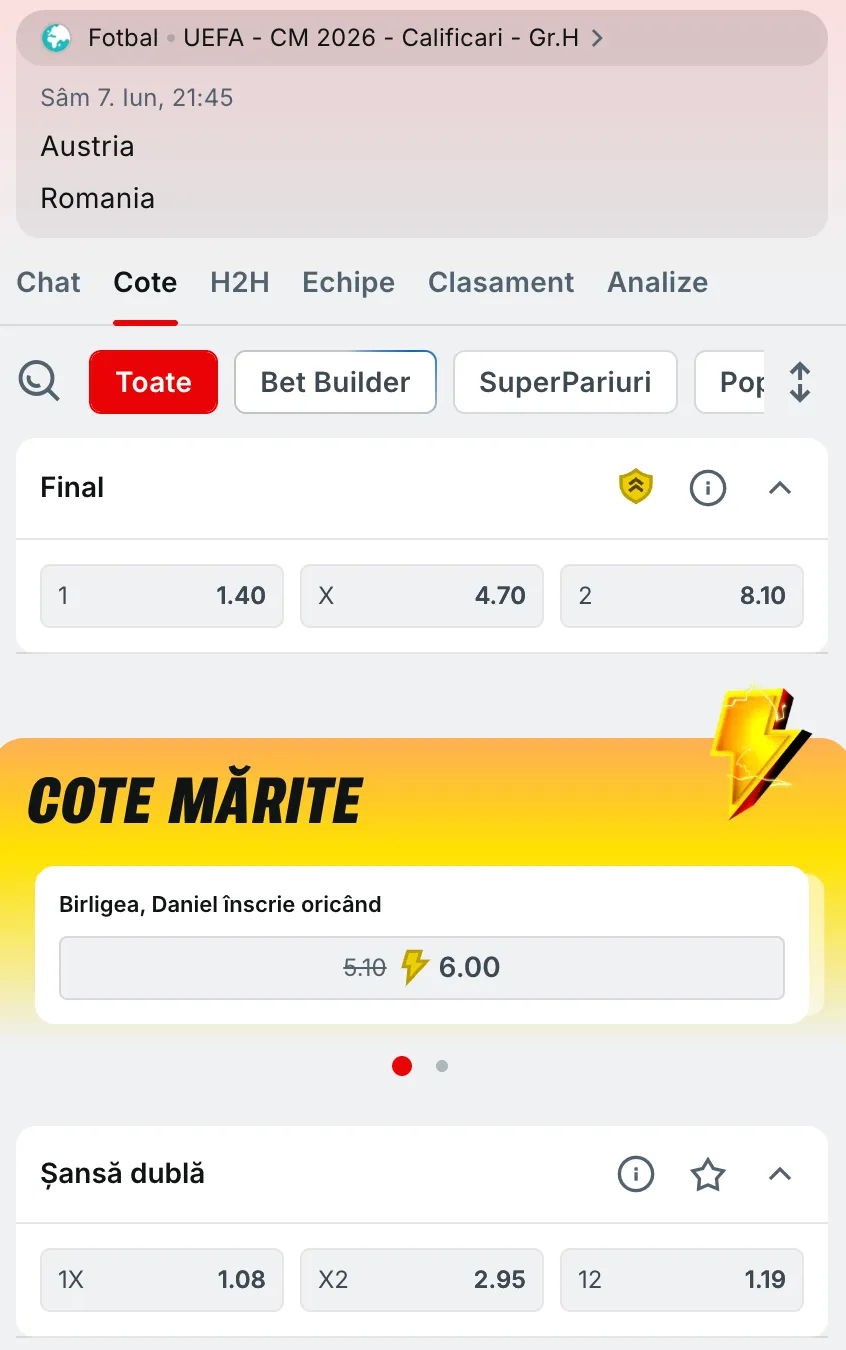 Cote pariuri Superbet pentru Austria vs România