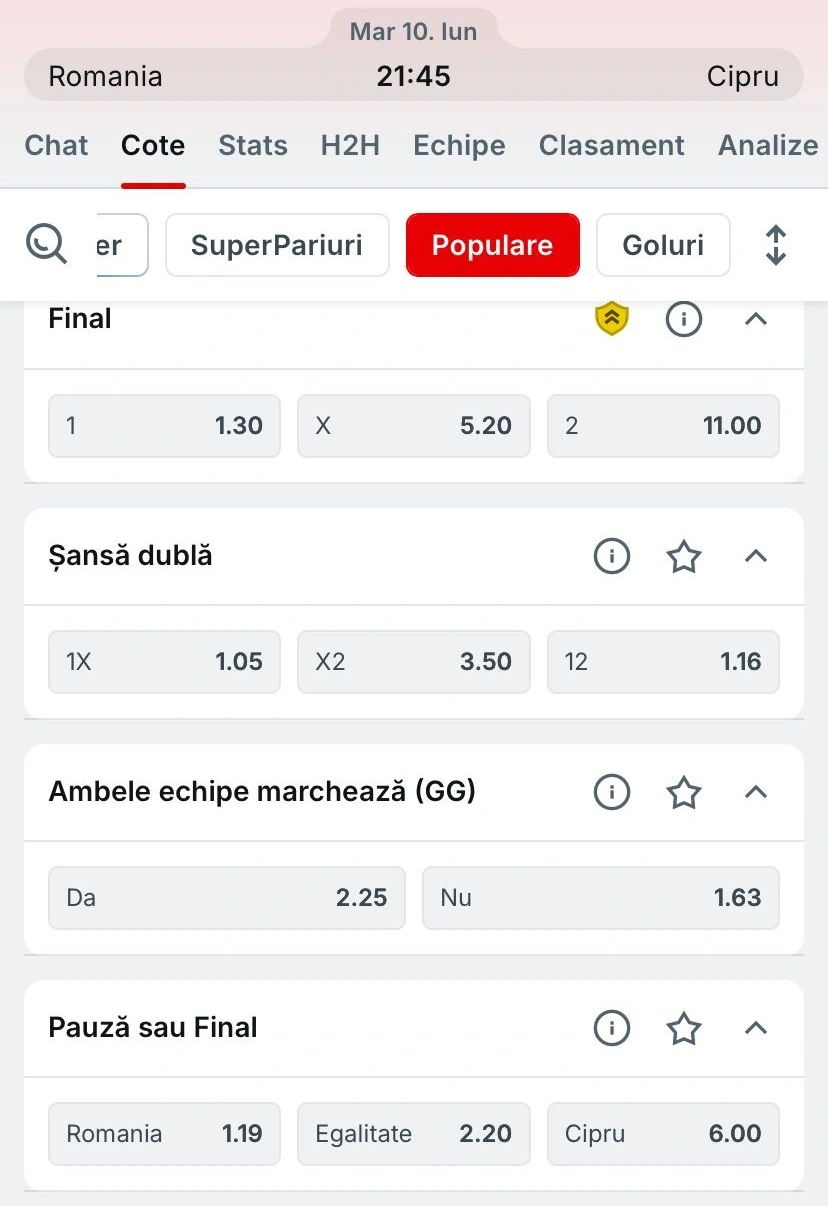 Cote pariuri Superbet pentru Romania vs Cipru