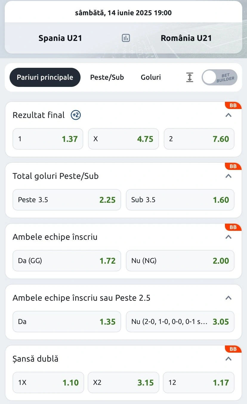 Cote pariuri la Betano pentru Spania U21 vs Romania U21