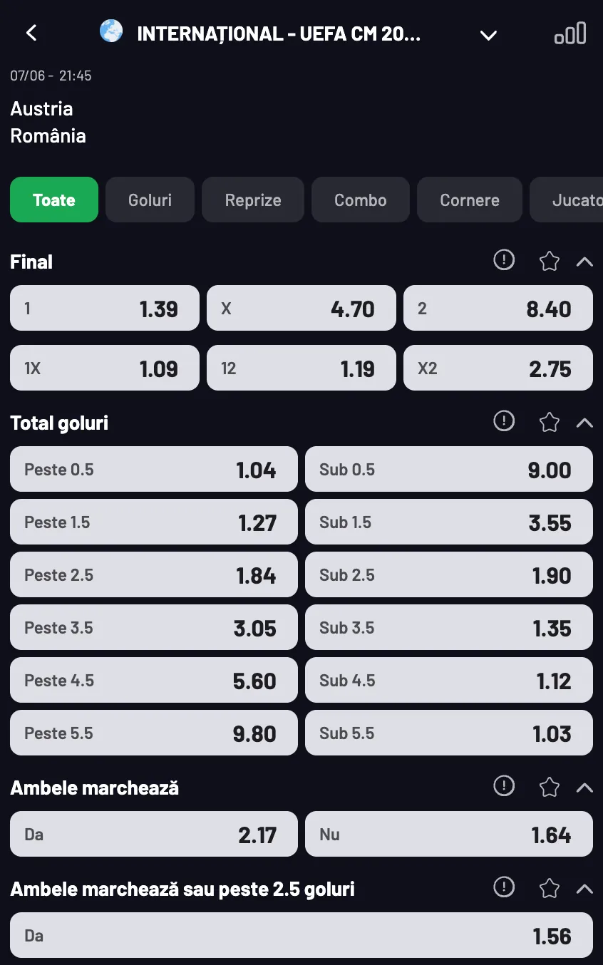 Cum arată cotele la pariuri pentru Austria vs România la MaxBet?