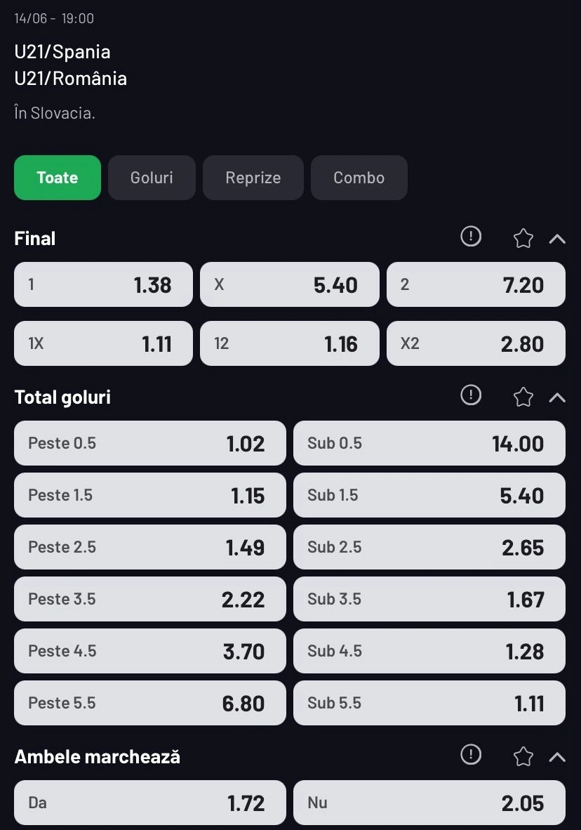 Cum arata cotele pentru Spania U21 vs Romania U21 la MaxBet