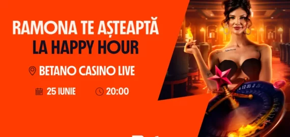 Participă la Happy Hour cu Ramona Olaru azi, 25 iunie și primești 10 Jetoane de Aur fără depunere la Betano
