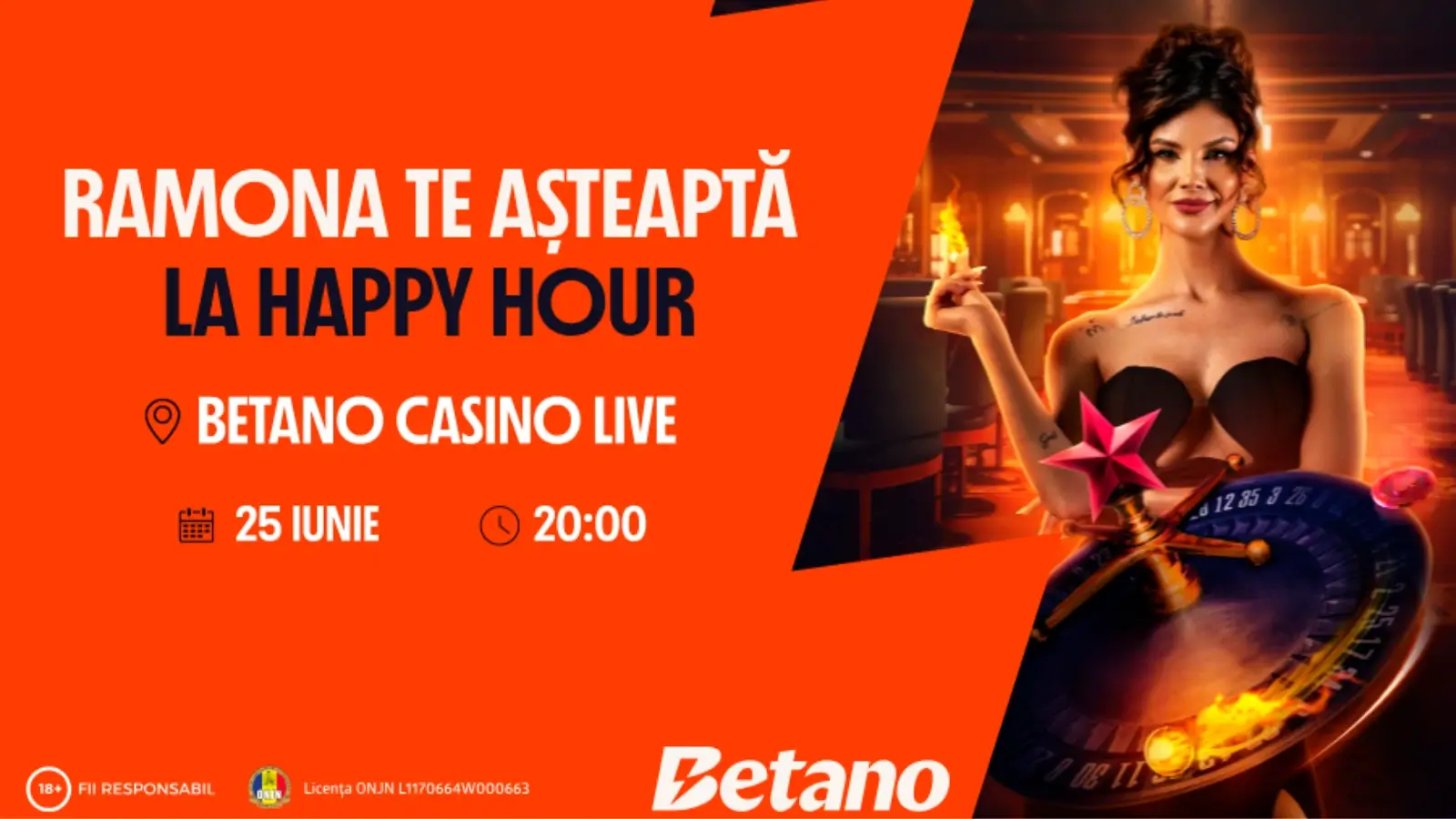 Participă la Happy Hour cu Ramona Olaru azi, 25 iunie și poți primi 10 Jetoane de Aur fără depunere la Betano