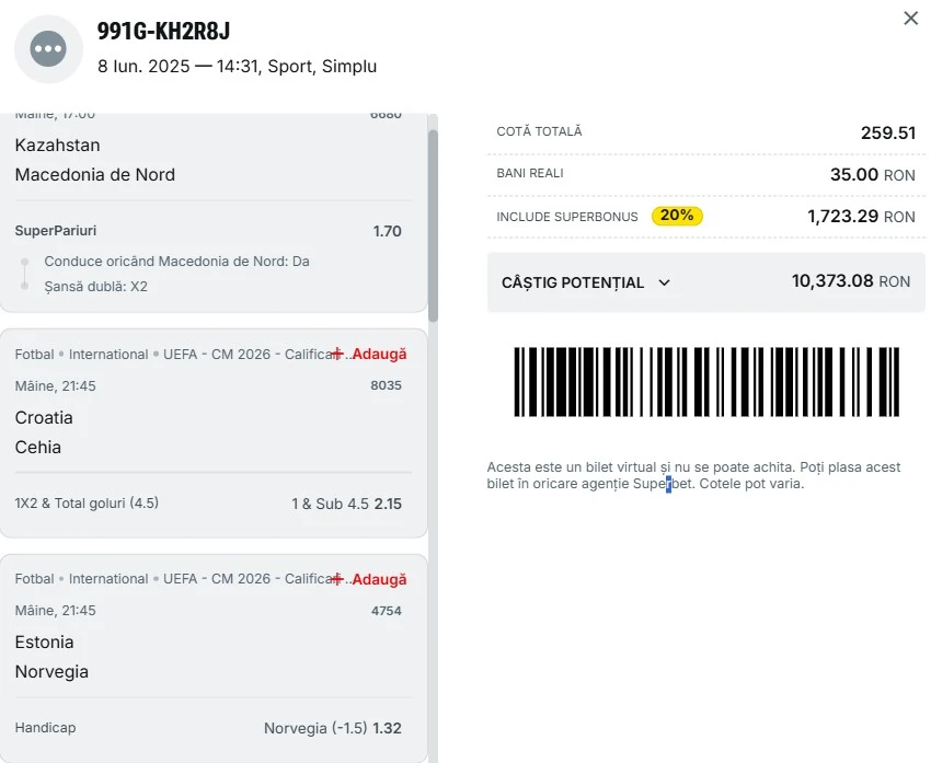 Bilet pariu șansă Superbet 9 iunie 2025