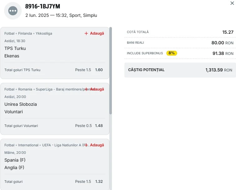 Bilet săptămânal din fotbal 02.06.2025