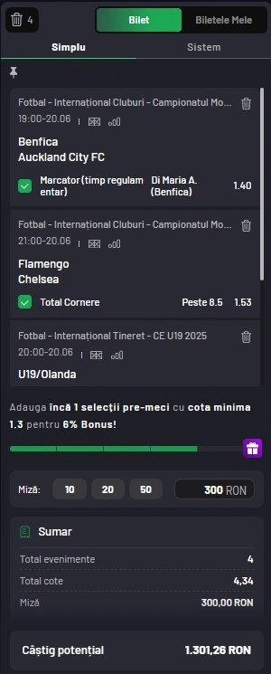 Biletul zilei azi din fotbal 20.06.2025