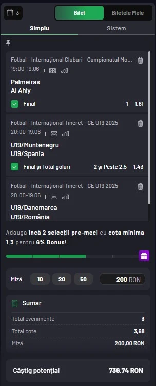 Biletul zilei azi din fotbal la Maxbet 19 iunie 2025