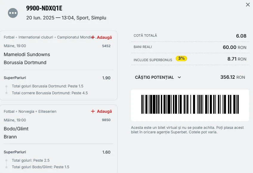 Biletul zilei din fotbal la Superbet 21 iunie 2025