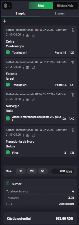 Biletul zilei din Preliminariile Cupei Mondiale 06.06.2025
