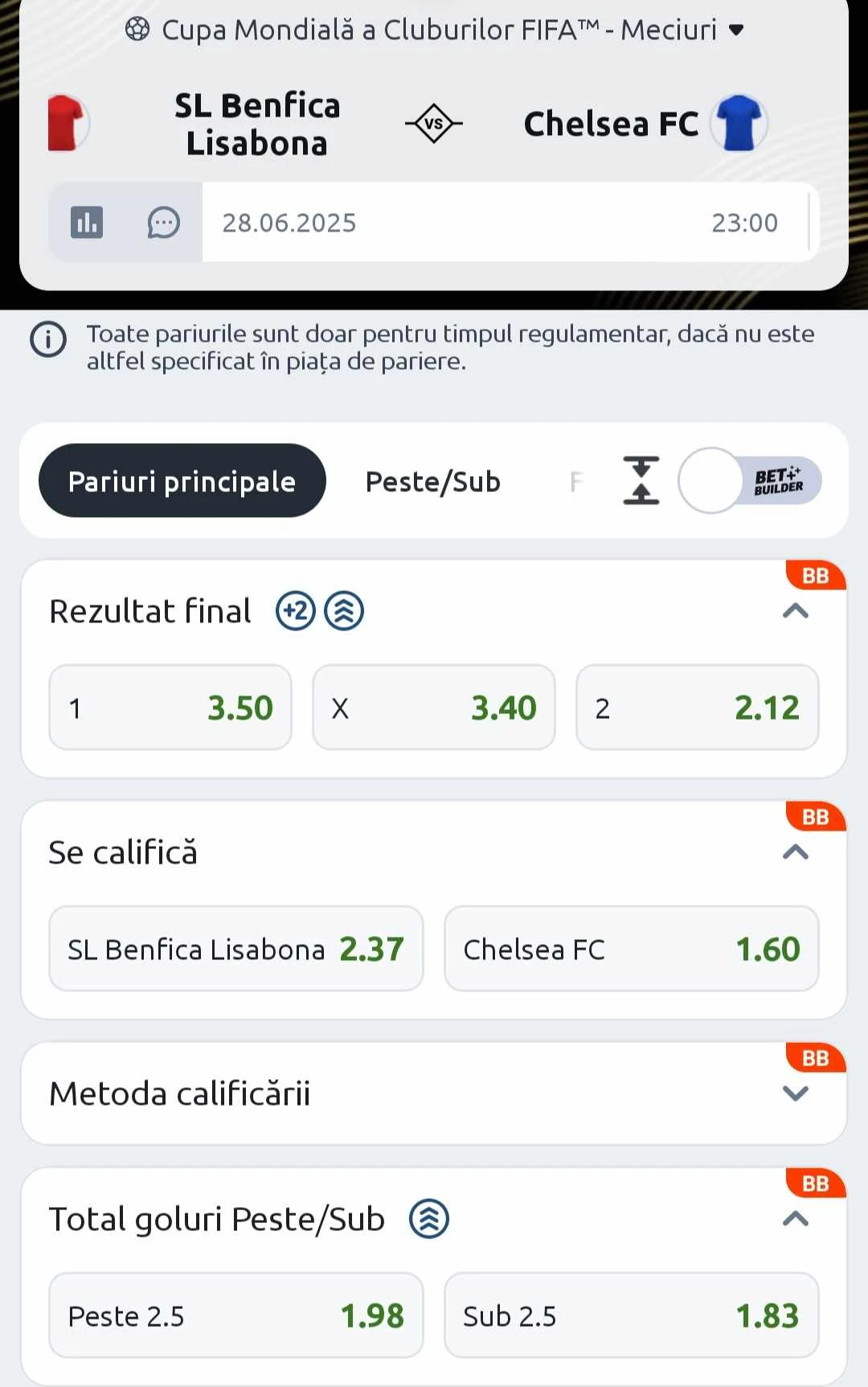 Cote pariuri Benfica vs Chelsea oferite de Betano