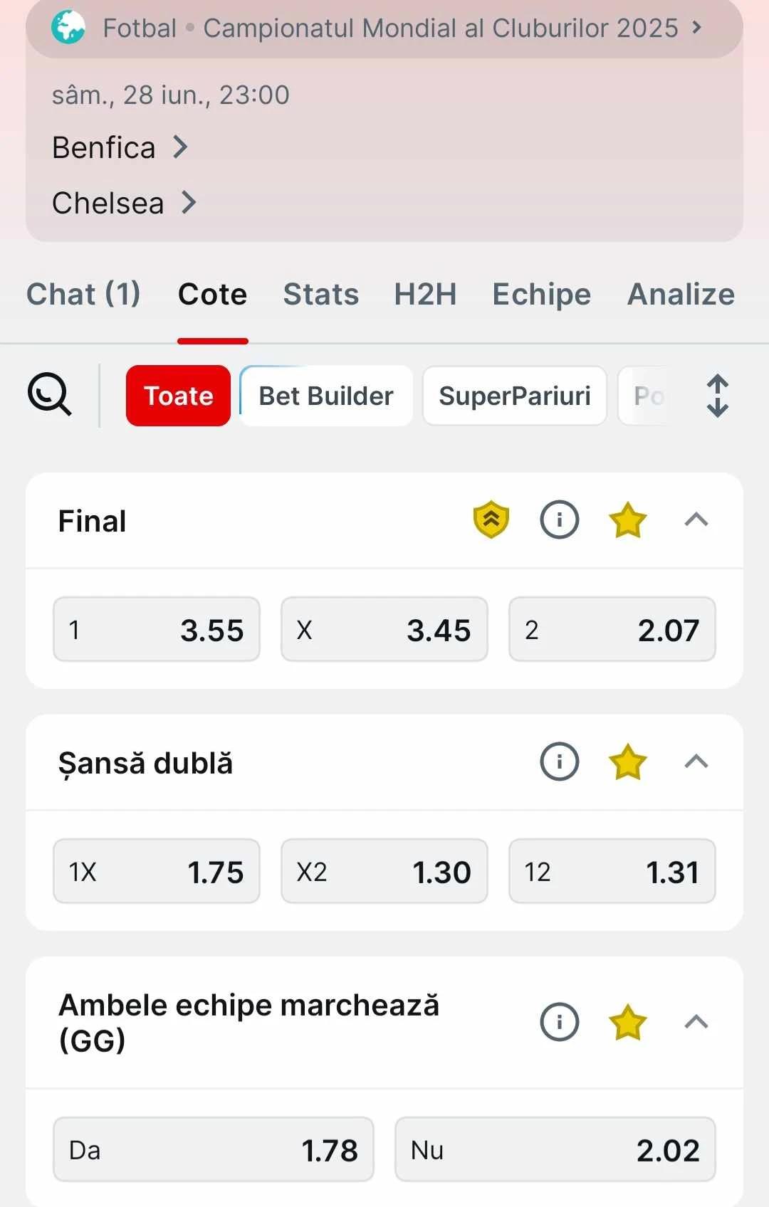 Cote pariuri Benfica vs Chelsea la Superbet