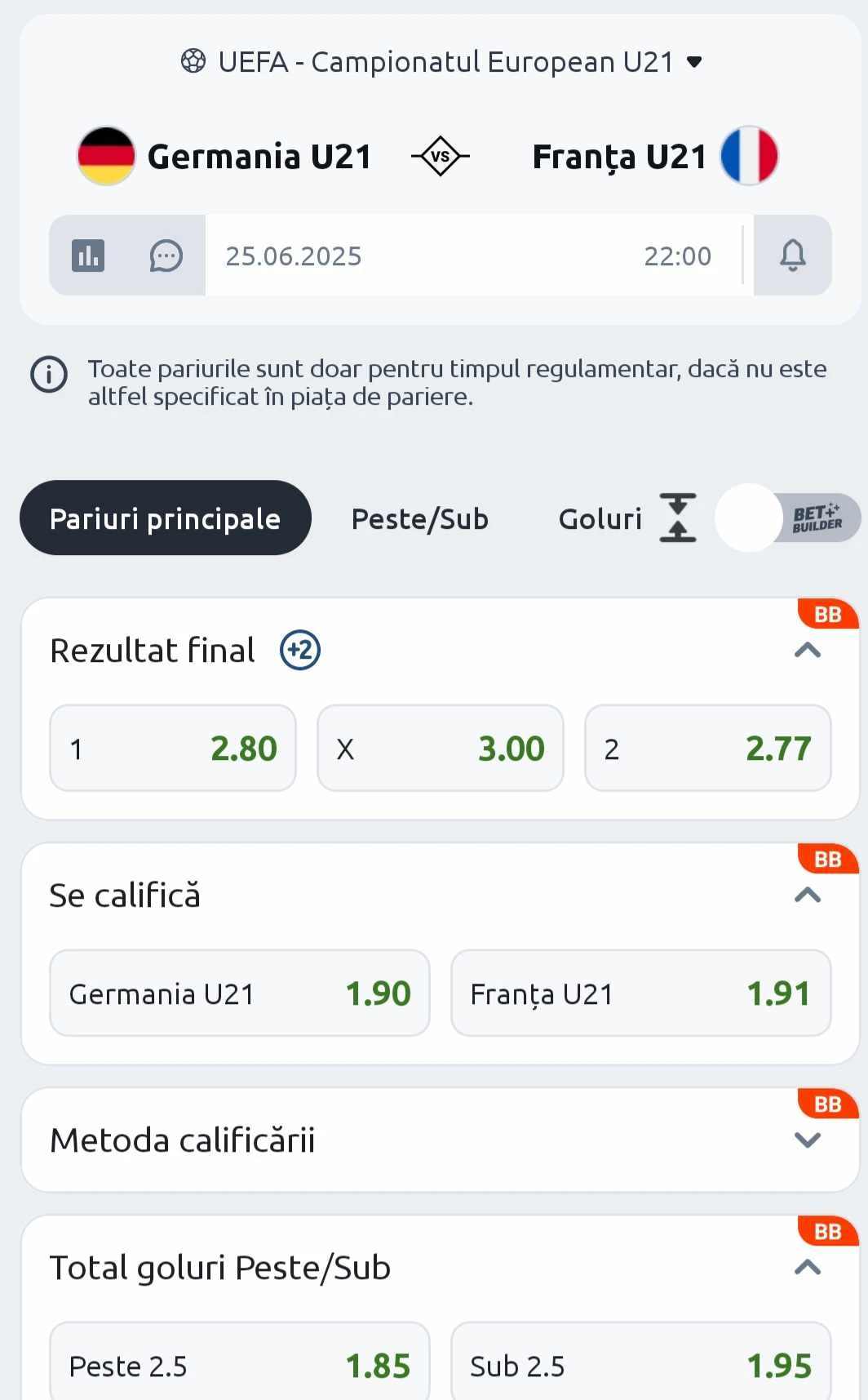 Cote pariuri Germania U21 vs Franța U21 la Betano