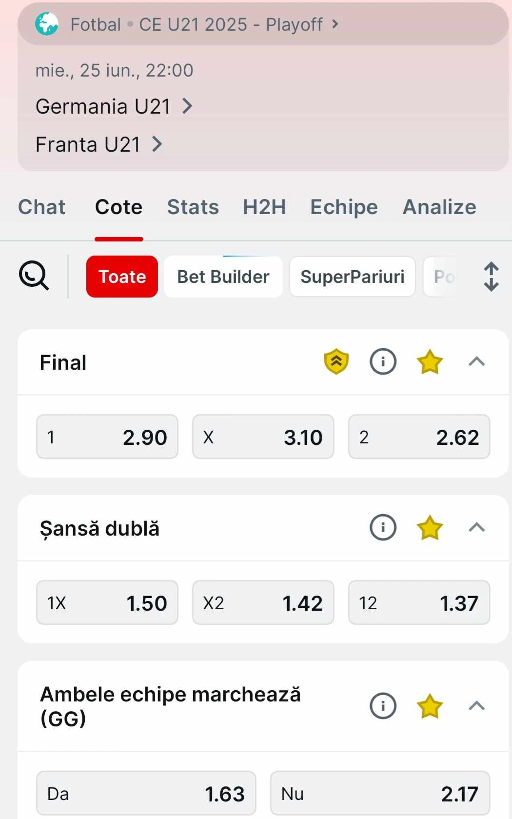 Cote pariuri Germania U21 vs Franța U21 oferite de Superbet