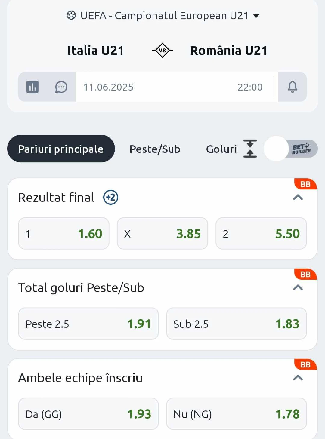 Cote pariuri Cote pariuri Italia U21 vs România U21 la Betano