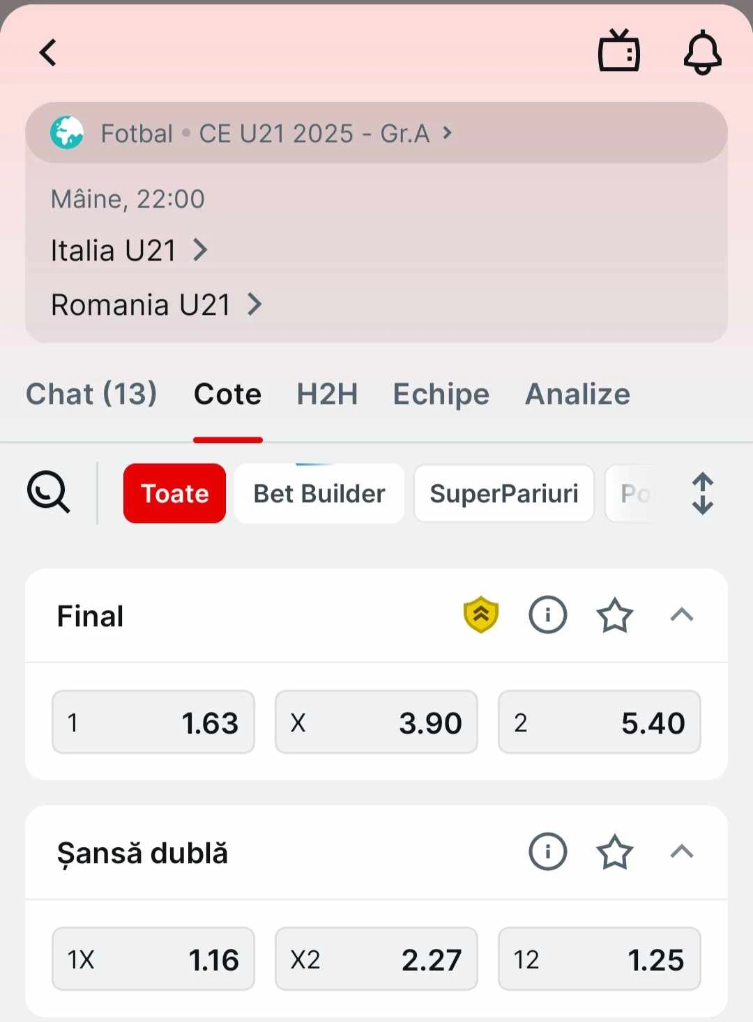 Cote pariuri Cote pariuri Italia U21 vs România U21 oferite de Superbet