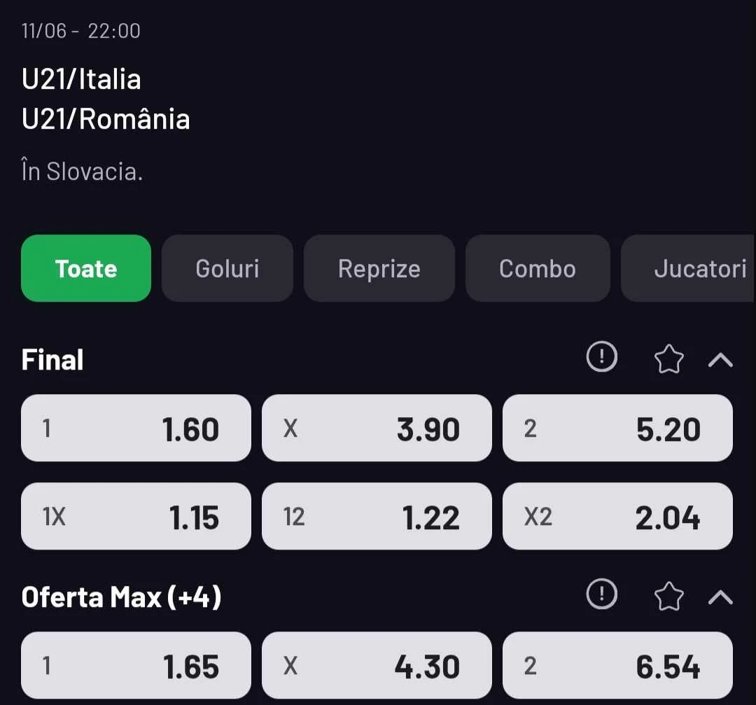 Cote pariuri Cote pariuri Italia U21 vs România U21 la Maxbet