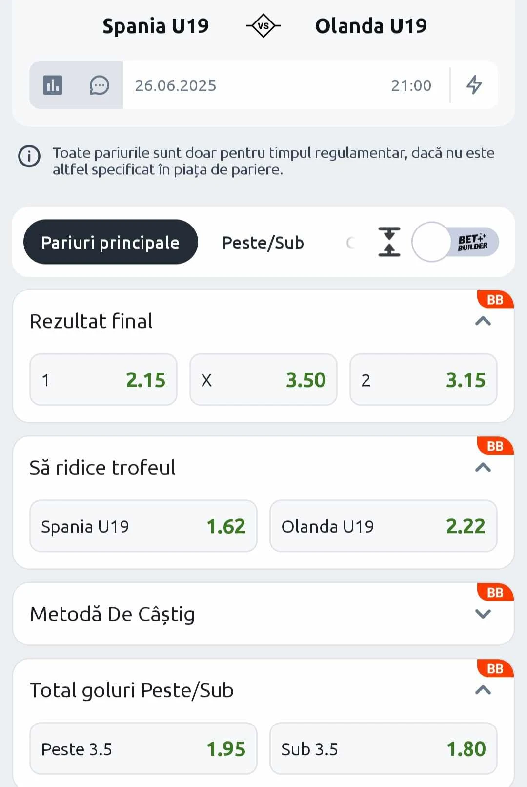 Cote pariuri Spania U19 vs Olanda U19 de la Betano