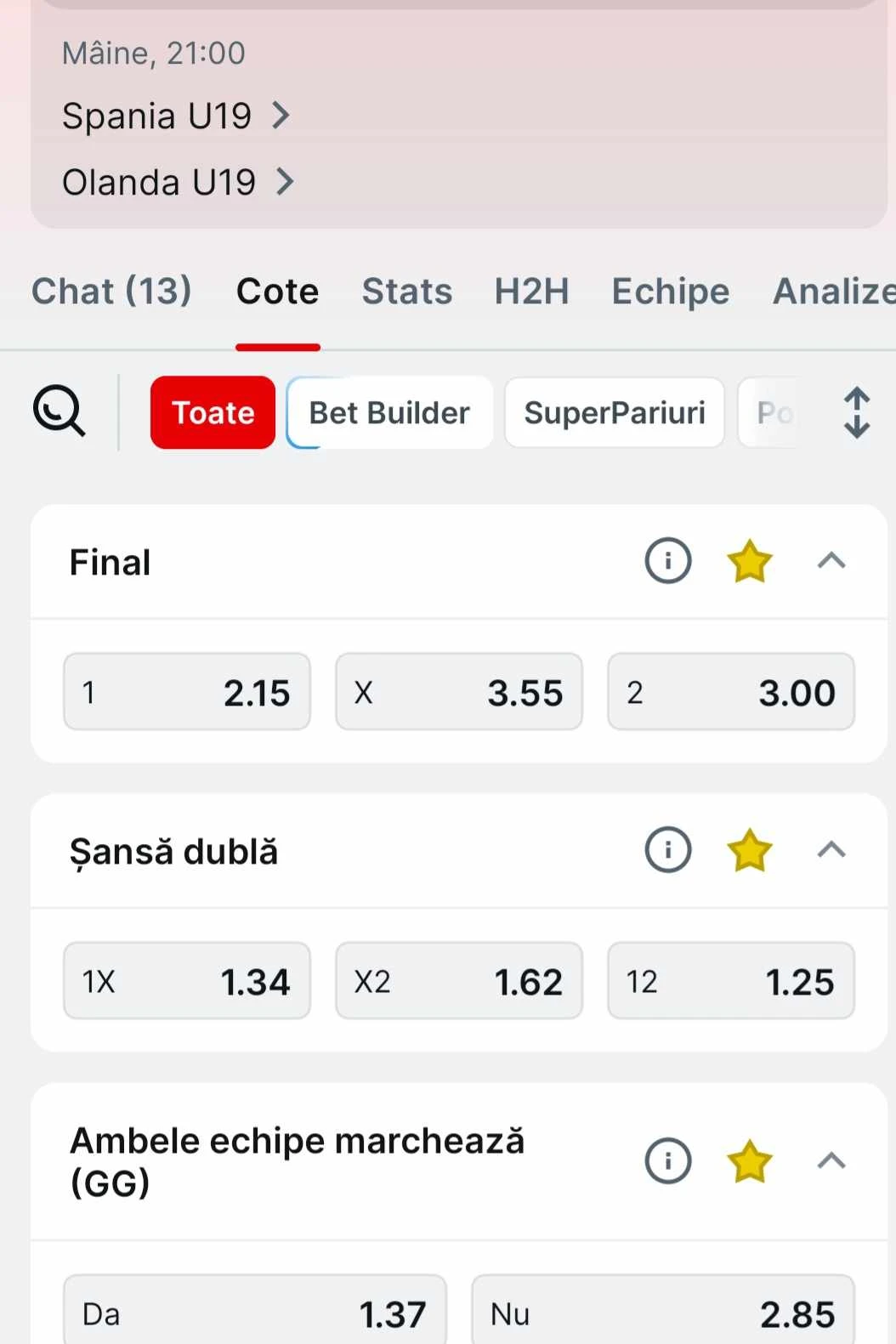 Cote pariuri Spania U19 vs Olanda U19 la Superbet