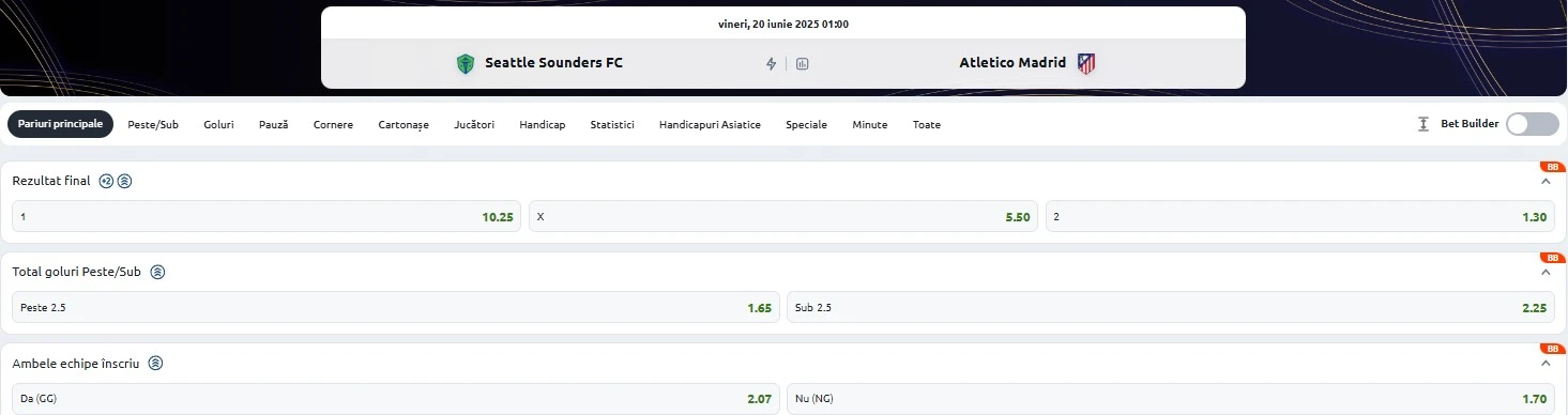 Cote pariuri Seattle Sounders vs Atletico Madrid