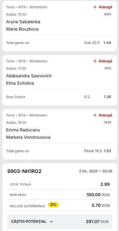 Biletul Zilei Wimbledon din 2 iulie 2025