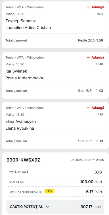Biletul Zilei de la Wimbledon din 1 iulie 2025