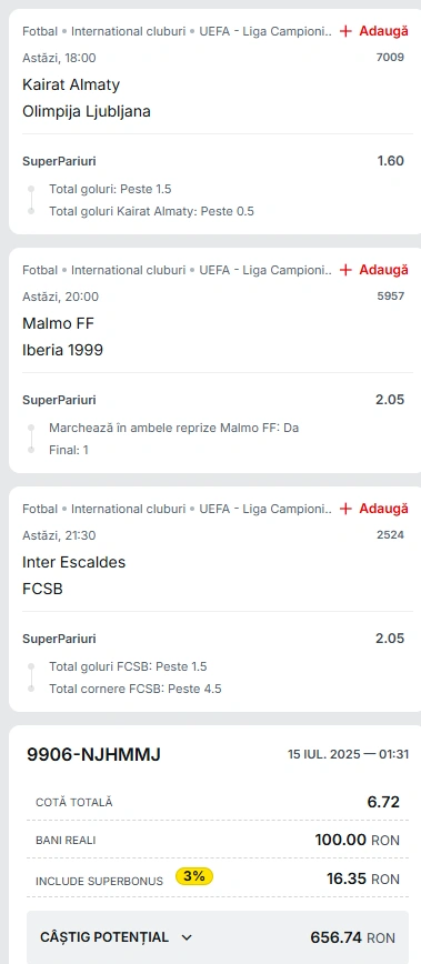 Biletul Zilei din Super Pariuri 15.07.2025