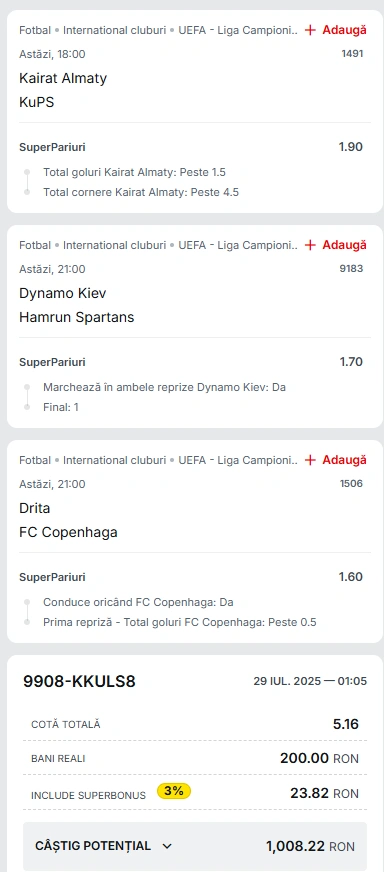 Biletul Zilei din Super Pariuri 29.07.2025