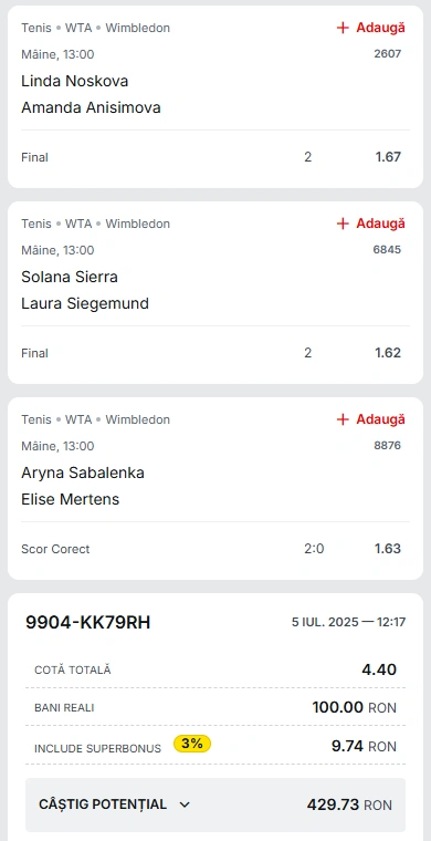 Biletul Zilei din Tenis 06.07.2025