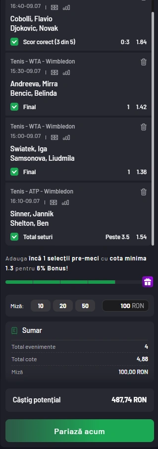 Biletul Zilei din Tenis 09.07.2025