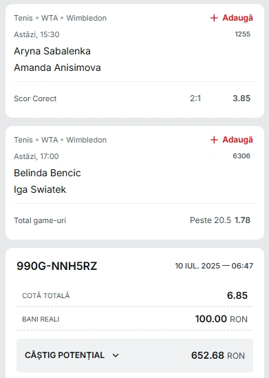 Biletul Zilei din Tenis 10.07.2025