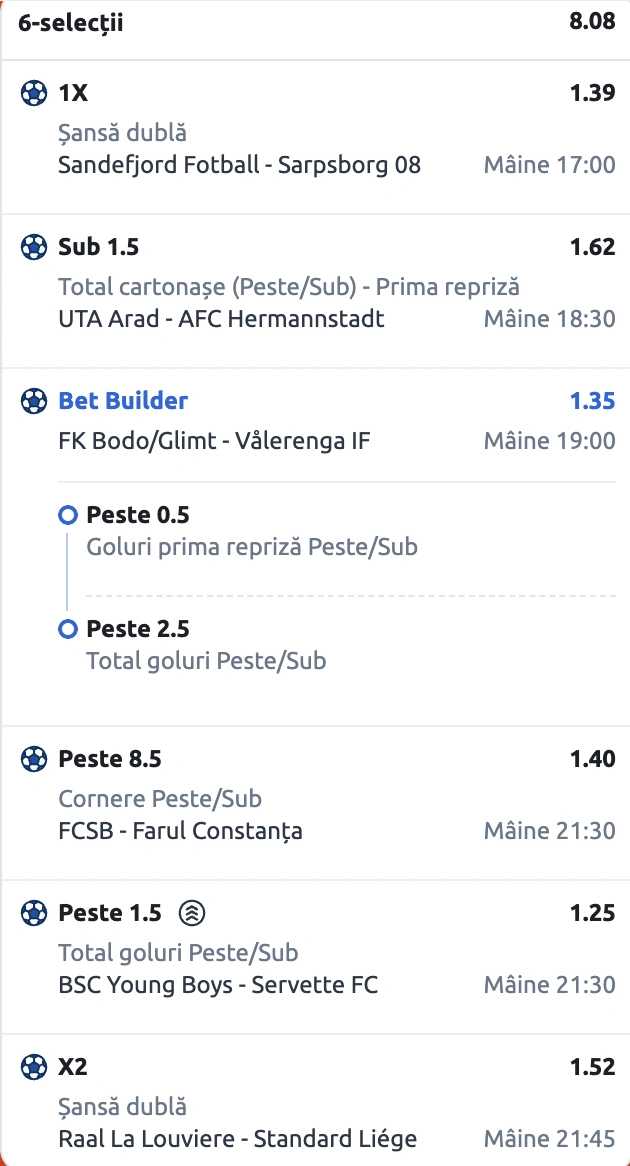 Biletul zilei din fotbal în cotă 8 la Betano, 26 iulie 2025. Pariuri pe goluri, cornere și cartonașe 2