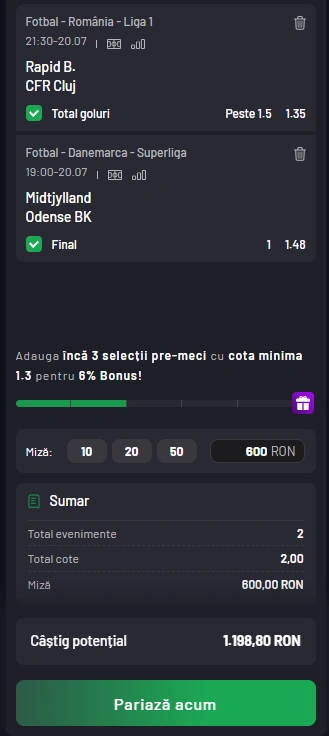 Cota 2 din fotbal 20 iulie 2025