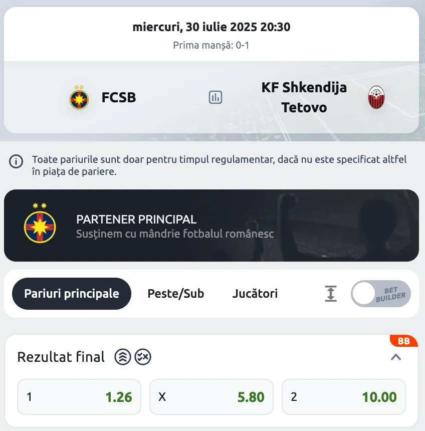 Cote FCSB vs Shkendija oferite de Betano